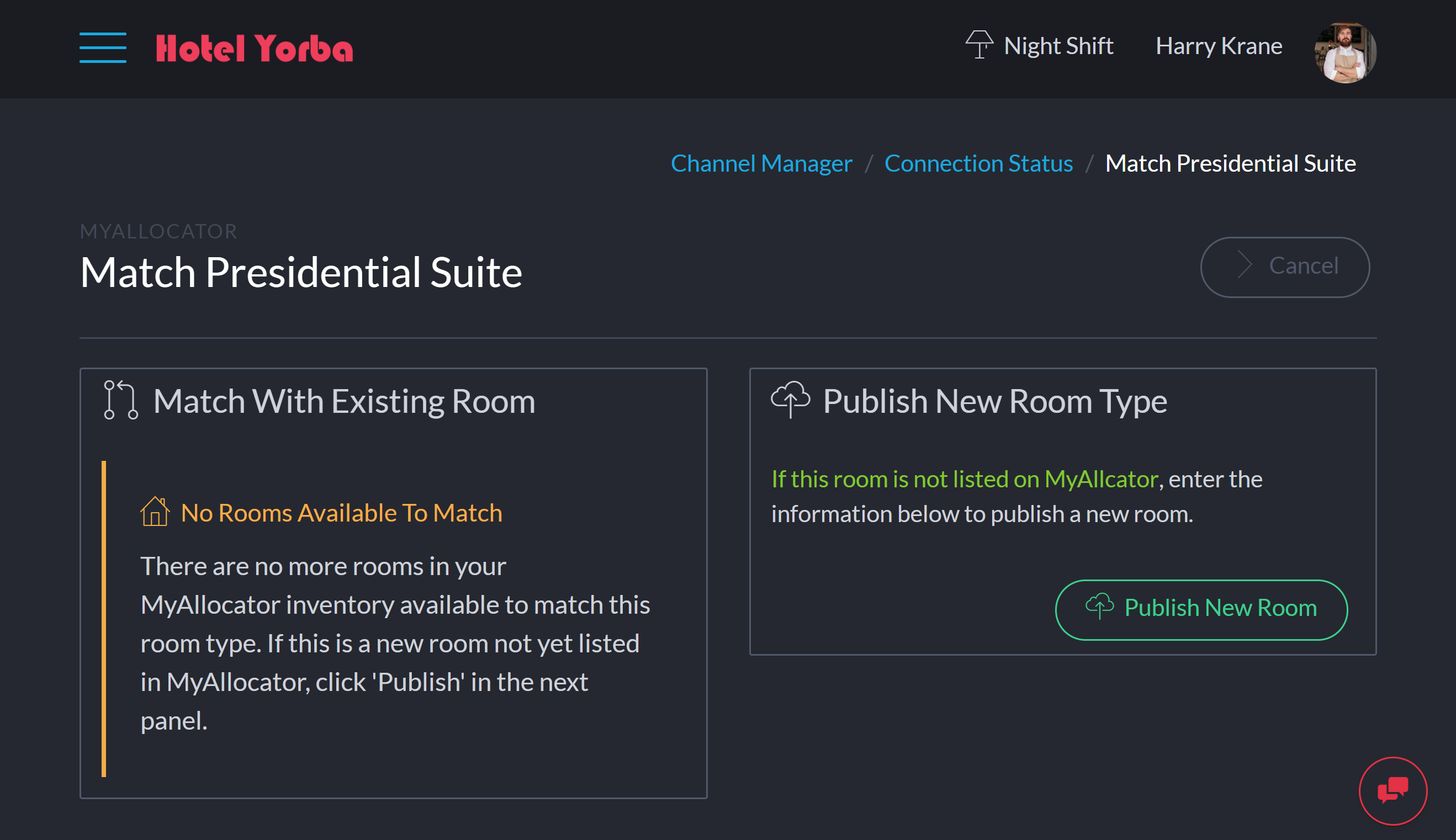 Click any room in the first column to match with an existing room in MyAllocator. If this room is not listed in your MyAllocator account, or if you’re new to MyAllocator, click ‘Publish New Room Type’ Click any room in the first column to match with an existing room in MyAllocator. If this room is not listed in your MyAllocator account, or if you’re new to MyAllocator, click ‘Publish New Room Type’