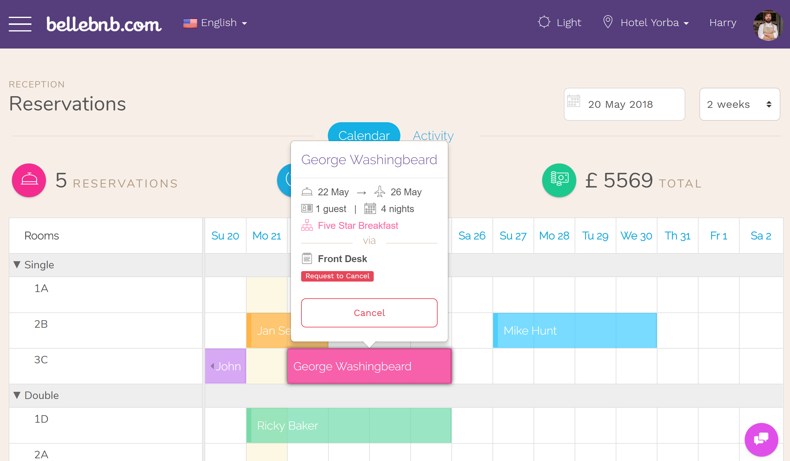 Hotel Reservation Cancel from Calendar Hotel PMS Software