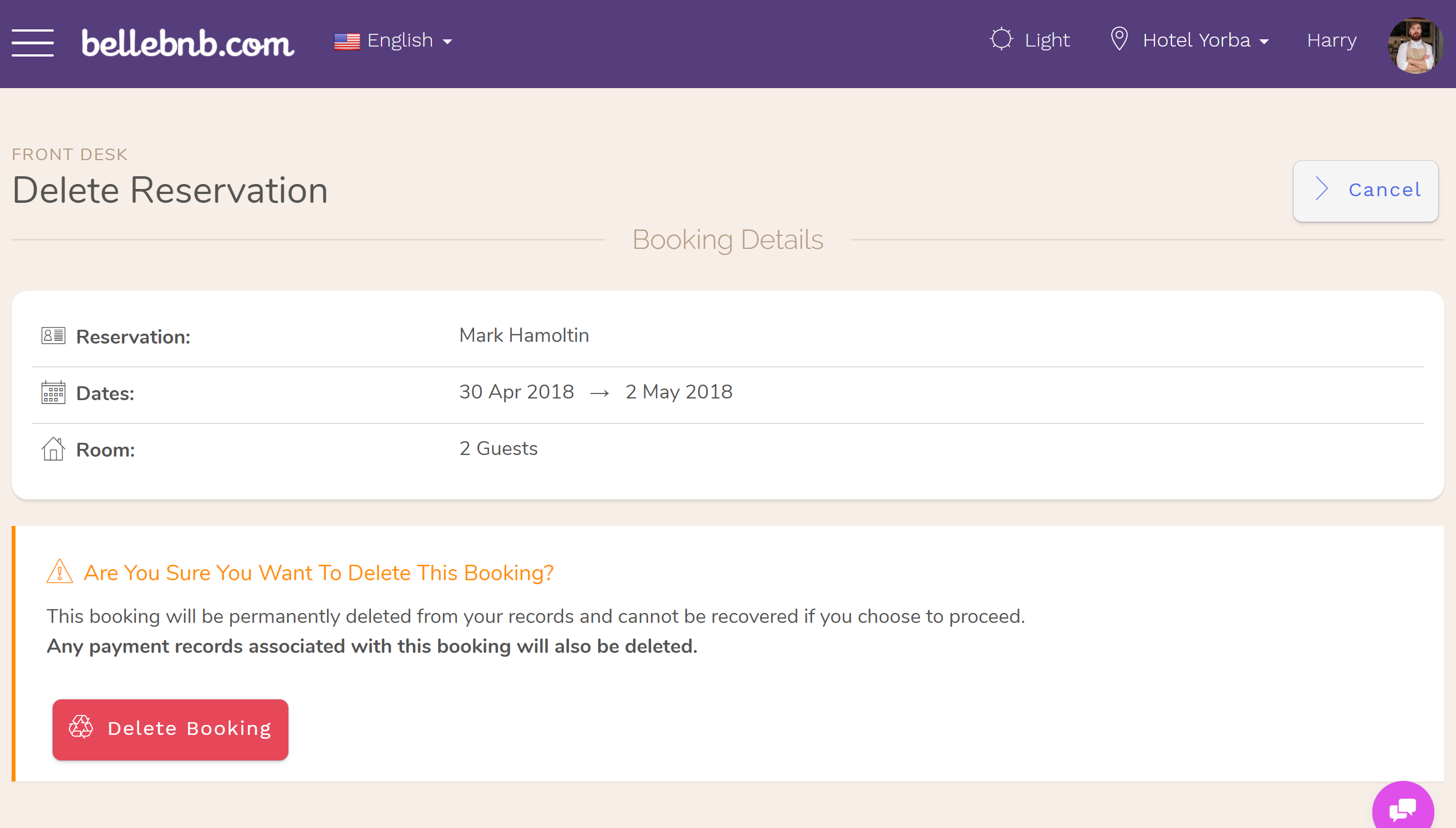 Delete a Hotel Reservation Hotel PMS Software