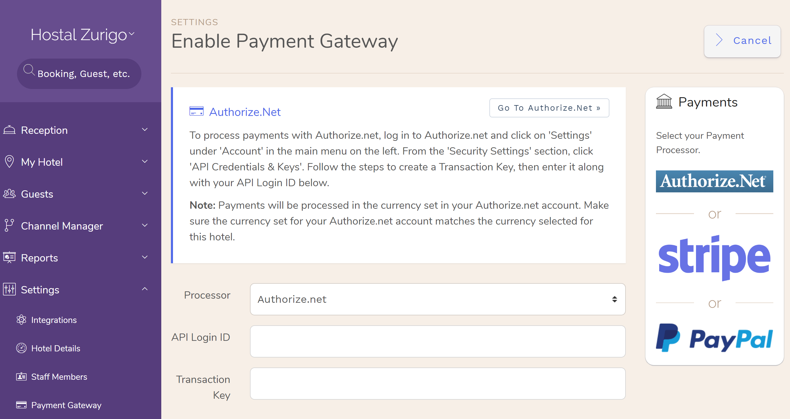 Authorize.net for Hotel PMS is now available as a Hotel payment processor. Hotel PMS Software Authorize.net for Hotel PMS is now available as a Hotel payment processor. Hotel PMS Software