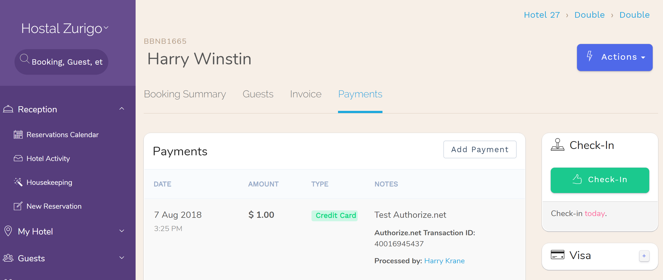 Authorize.net Check that the transaction goes through without any error, then check that it appears in your Authorize.net accoun Hotel PMS Software Authorize.net Check that the transaction goes through without any error, then check that it appears in your Authorize.net accoun Hotel PMS Software