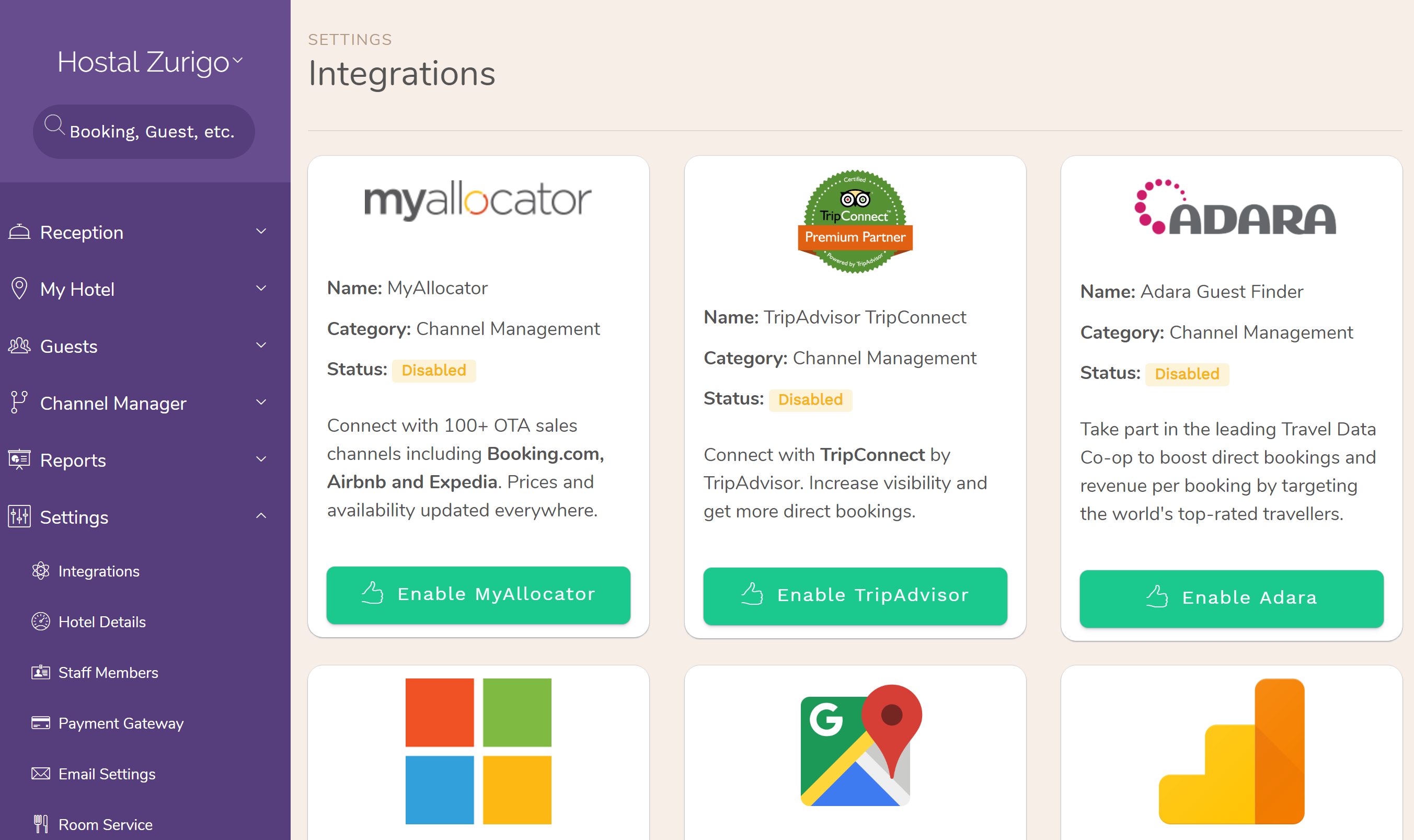 Hotel PMS Software integrations available with our platform. The available integrations are found throughout the application, each in their corresponding place. For example, TripAdvisor connectivity is under ‘Channel Manager > OTA Connections. Hotel PMS Software integrations available with our platform. The available integrations are found throughout the application, each in their corresponding place. For example, TripAdvisor connectivity is under ‘Channel Manager > OTA Connections.