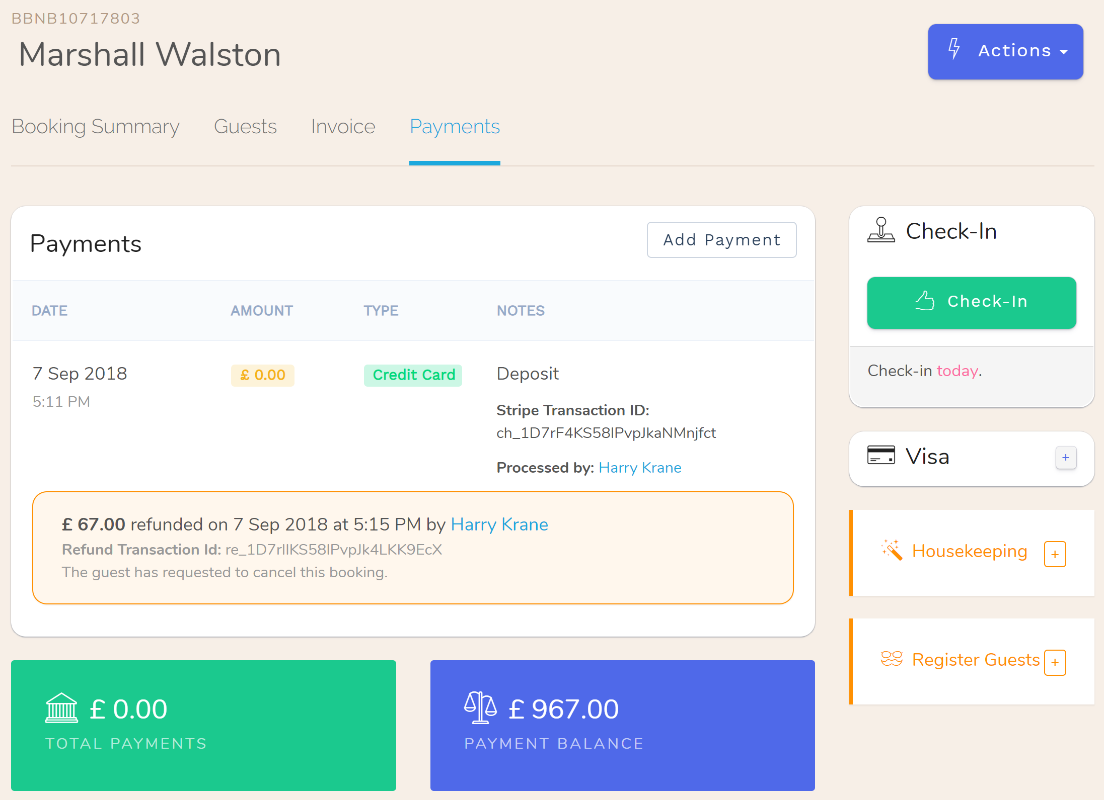 To refund a payment, go to the ‘Payments’ tab in the booking, the click the ellipsis to the right of the payment you wish to refund and select ‘Refund’. Enter a reason for the refund and then submit the form. The refund operation is irreversible, so be sure you really want to issue a refund. To refund a payment, go to the ‘Payments’ tab in the booking, the click the ellipsis to the right of the payment you wish to refund and select ‘Refund’. Enter a reason for the refund and then submit the form. The refund operation is irreversible, so be sure you really want to issue a refund.