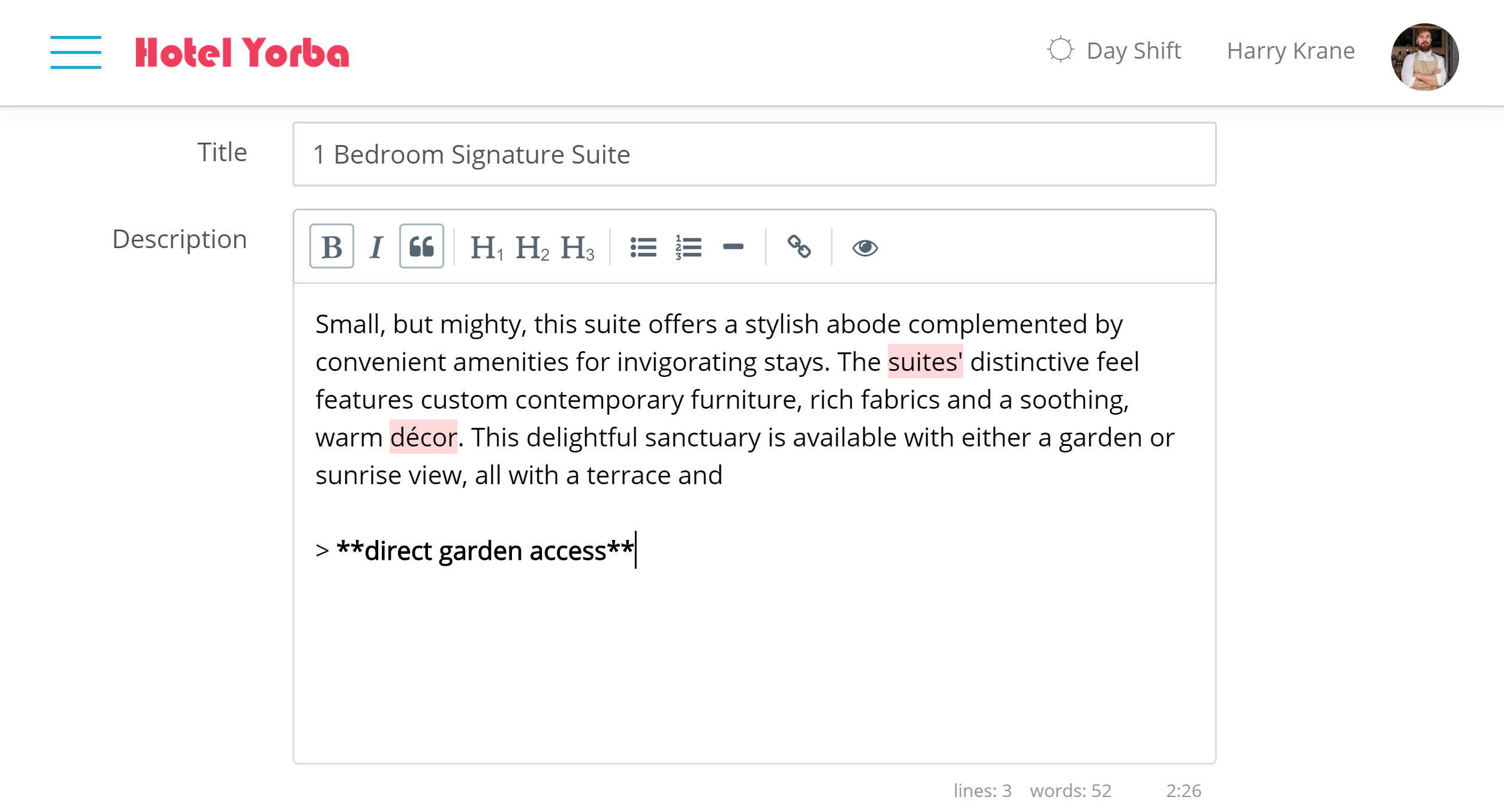 Markdown HTML Available We have updated the Hotel Front Desk and hotel Booking Engine so that you can now edit room descriptions and booking engine additions in Markdown HTML! This is a significant improvement that will allow you to further personalize your booking engine to your hotel brand. Markdown HTML Available We have updated the hotel Front Desk and hotel Booking Engine so that you can now edit room descriptions and booking engine additions in Markdown HTML! This is a significant improvement that will allow you to further personalize your booking engine to your hotel brand.