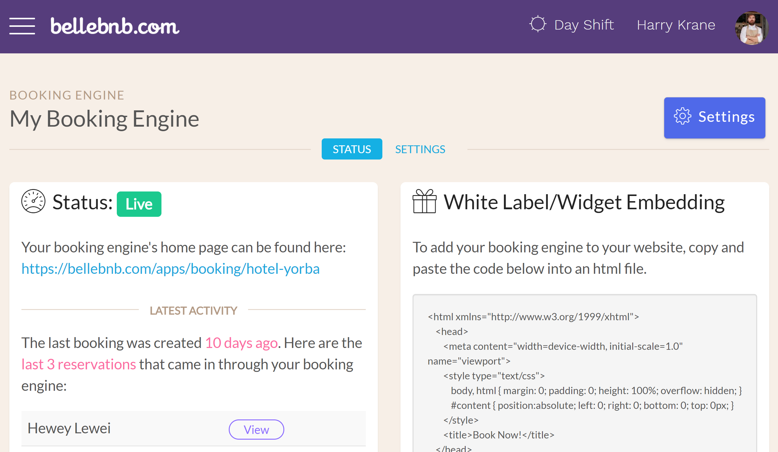 To view your booking engine, go to ‘Channel Manager > Booking Widgets’ and click the link under ‘Status’ To view your booking engine, go to ‘Channel Manager > Booking Widgets’ and click the link under ‘Status’.