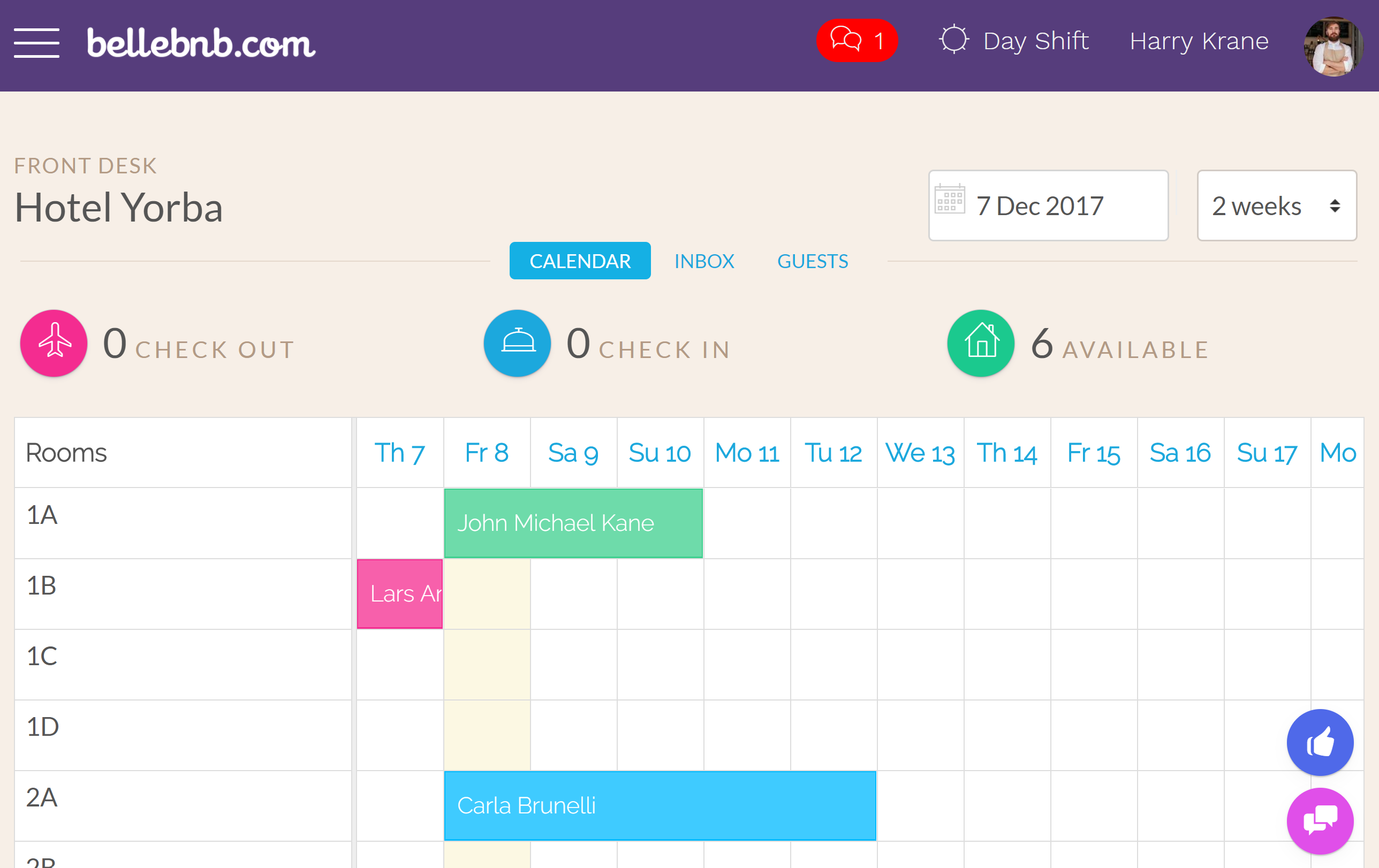 Explore Bookings After entering your hotel info, you are taken to the central part of the application: your booking calendar. Here you will find three test bookings, one arriving today, one checked in to the hotel, and one already checked out. Explore Bookings After entering your hotel info, you are taken to the central part of the application: your booking calendar. Here you will find three test bookings, one arriving today, one checked in to the hotel, and one already checked out.