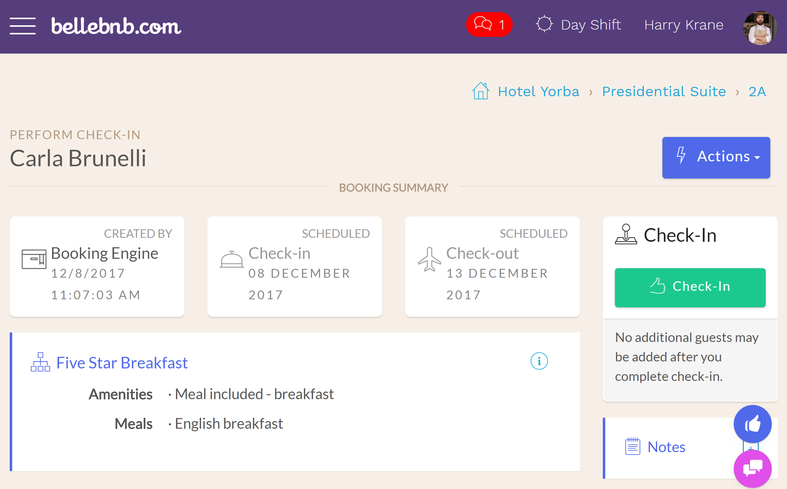 Click on the reservation for ‘Carla Brunelli’. You will see this reservation has not yet been checked in to the hotel. Click on the reservation for ‘Carla Brunelli’. You will see this reservation has not yet been checked in to the hotel.