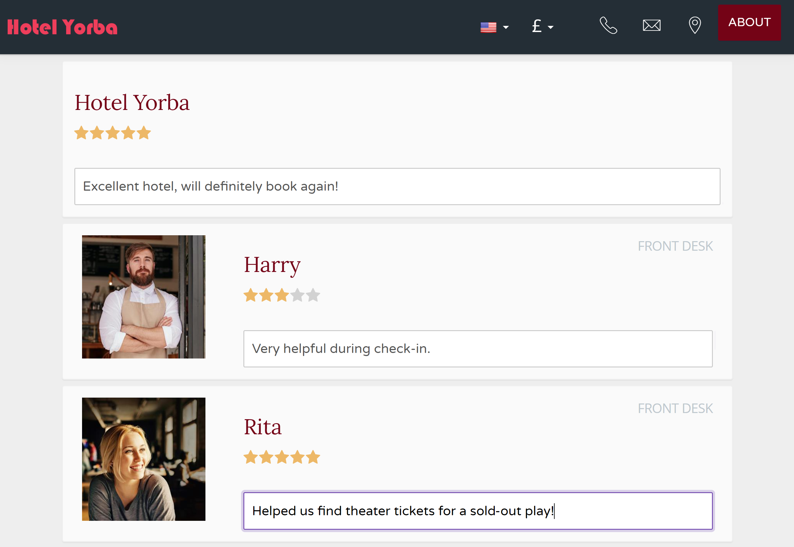 Select staff members to review, then leave a star rating and short comment for each one. You can view the results under ‘Reports > Reviews’ in the main menu in your Front Desk manager. Select staff members to review, then leave a star rating and short comment for each one. You can view the results under ‘Reports > Reviews’ in the main menu in your Front Desk manager.