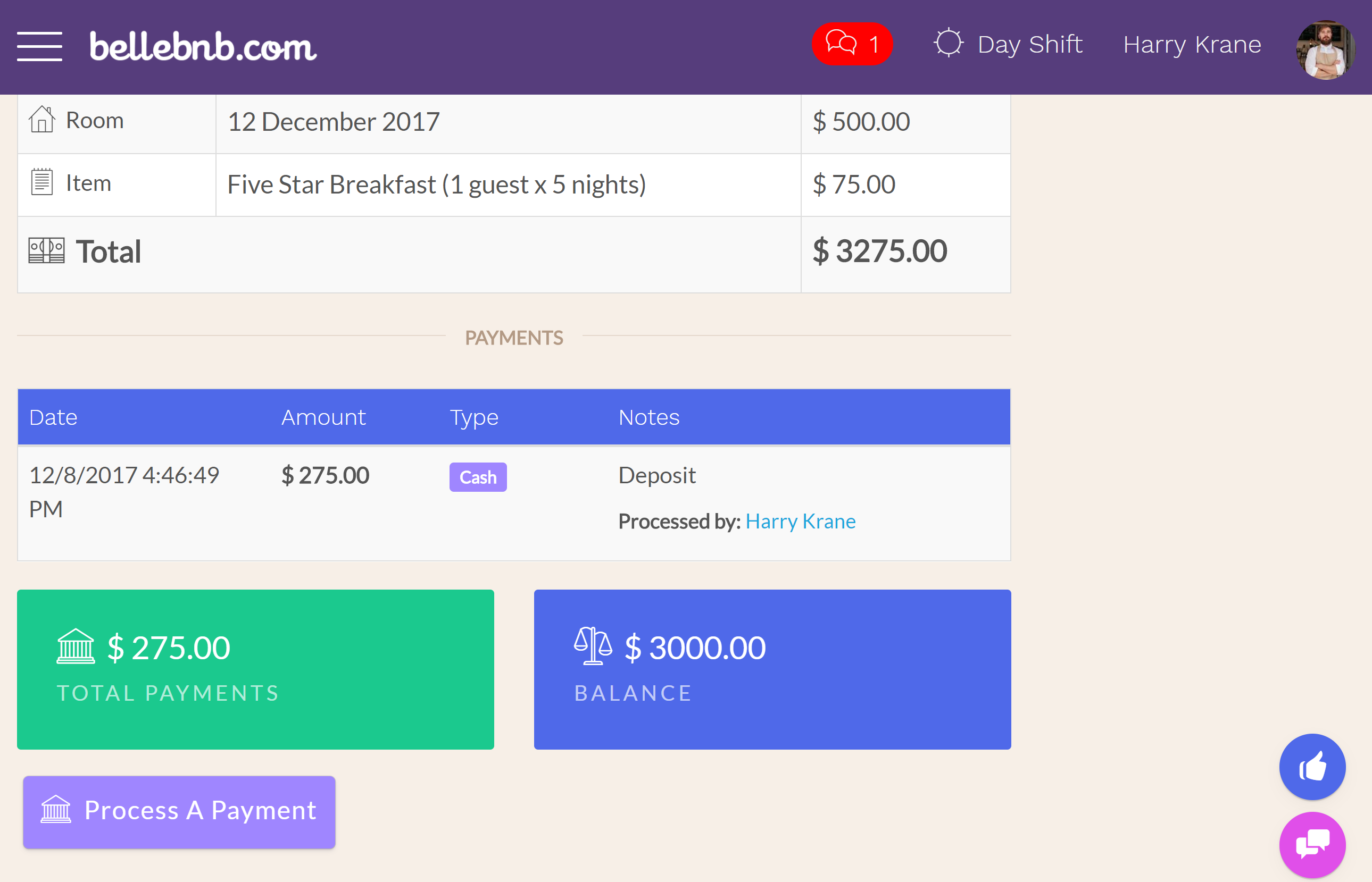 Before you check in this guest, let’s process a payment. Click ‘Actions > Process a Payment,’ then enter an amount for a deposit (no more than the total) and click to process the payment. Before you check in this guest, let’s process a payment. Click ‘Actions > Process a Payment,’ then enter an amount for a deposit (no more than the total) and click to process the payment.