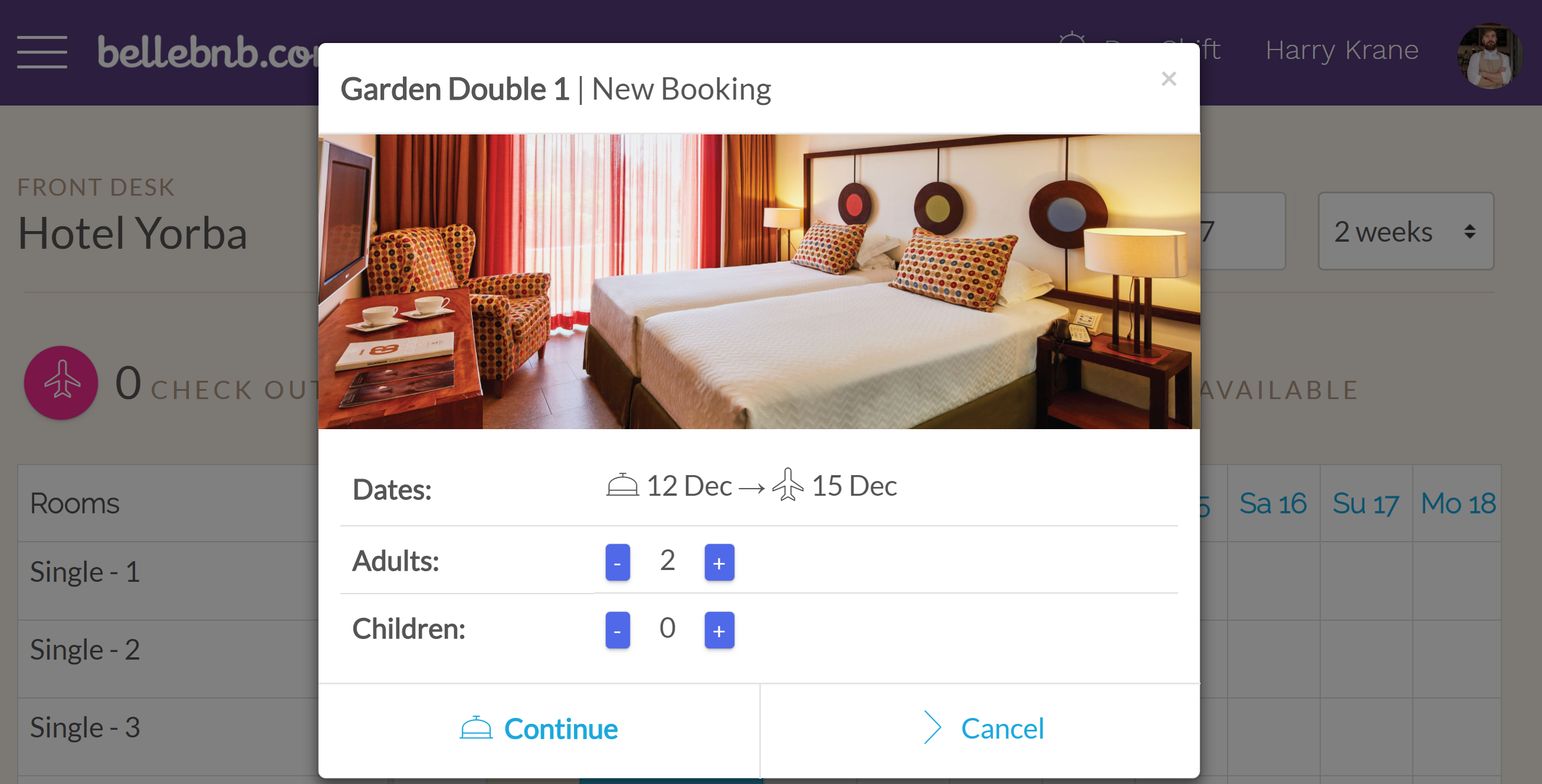 Make your Own Booking After you have explored the test bookings created with your account, you should go ahead and create a couple of new bookings yourself. To create a new booking directly from your calendar, click and drag across the days to include for the room you wish to reserve. Make your Own Booking After you have explored the test bookings created with your account, you should go ahead and create a couple of new bookings yourself. To create a new booking directly from your calendar, click and drag across the days to include for the room you wish to reserve.