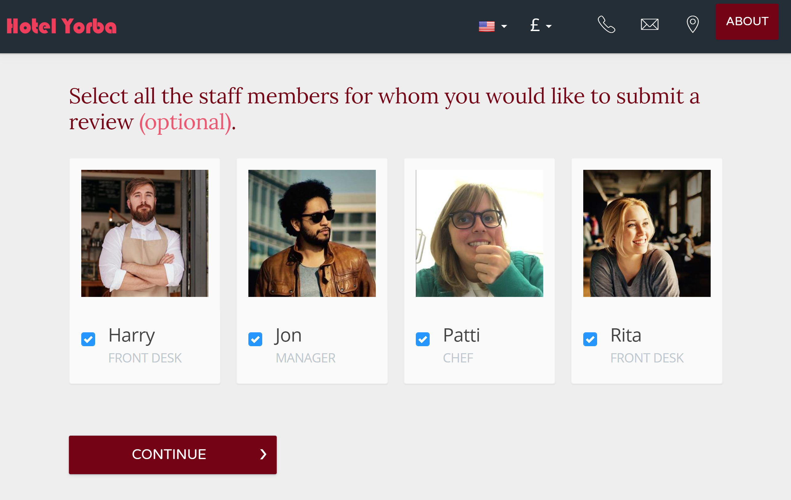 Select staff members to review, then leave a star rating and short comment for each one. You can view the results under ‘Reports > Reviews’ in the main menu in your Front Desk manager. Select staff members to review, then leave a star rating and short comment for each one. You can view the results under ‘Reports > Reviews’ in the main menu in your Front Desk manager.